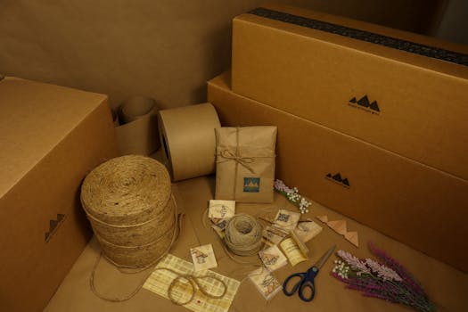Matériel d'emballage cadeau avec boîtes en carton, ficelle, ciseaux et décorations florales sur un fond neutre.
